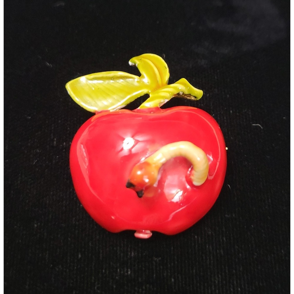 Vintage ORIGINAL BY ROBERT Signed Enamel‎ Red Apple Worm Brooch Teacher School